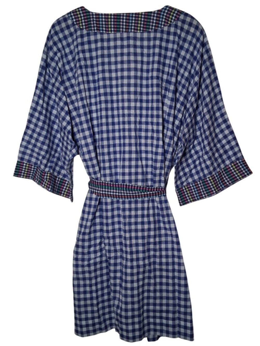 Noonday Collection Robe M/L Scrunchie Blue Gingham Check Lightweight Lounge - Picture 3 of 16